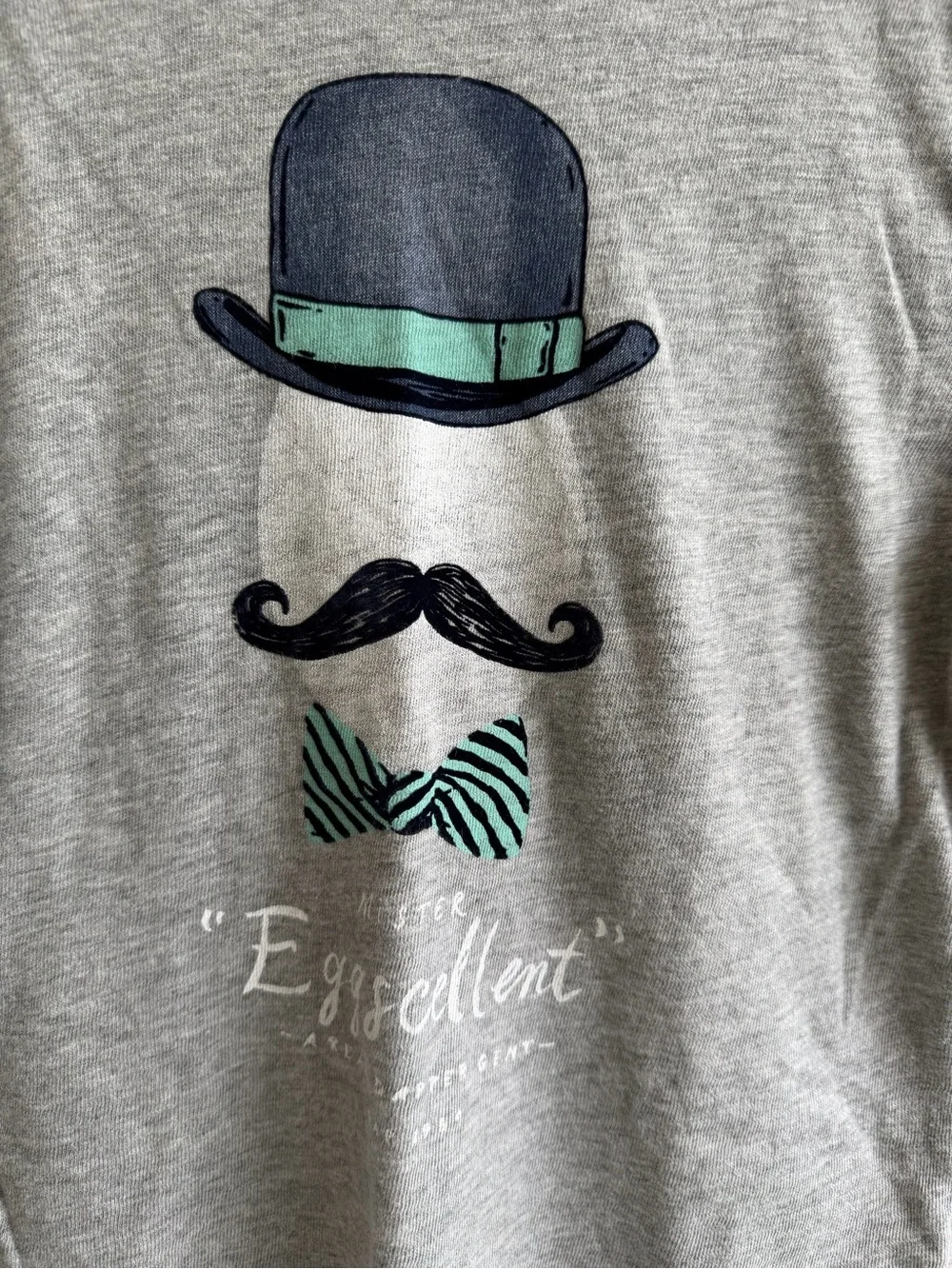GAP Grey Tee with Egg, Hat, Mustache & Green Bow Tie Graphic